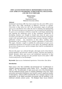 Open Access Institutional Repositories in Selected East African Universities: Achievements, Challenges and the Way Forward