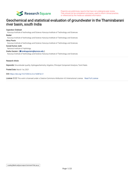 Geochemical and Statistical Evaluation of Groundwater in the Thamirabarani River Basin, South India