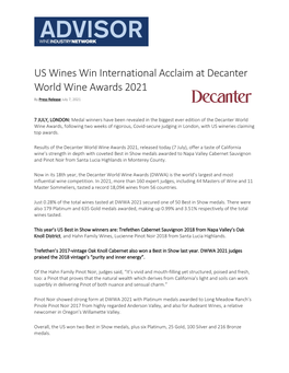 US Wines Win International Acclaim at Decanter World Wine Awards 2021