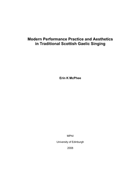 Modern Performance Practice and Aesthetics in Traditional Scottish Gaelic Singing