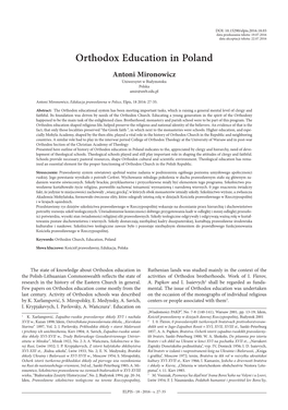 Orthodox Education in Poland Antoni Mironowicz Uniwersytet W Białymstoku Polska Amir@Uwb.Edu.Pl