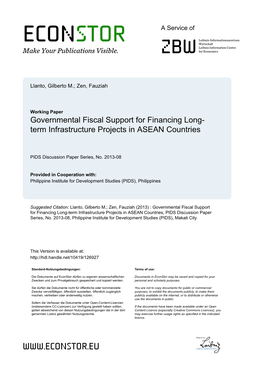 Governmental Fiscal Support for Financing Long-Term Infrastructure Projects in ASEAN Countries, PIDS Discussion Paper Series, No