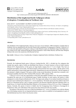 Distribution of the Longhorned Beetle Callipogon Relictus (Coleoptera: Cerambycidae) in Northeast Asia