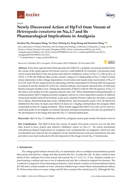 Newly Discovered Action of Hptx3 from Venom of Heteropoda Venatoria on Nav1.7 and Its Pharmacological Implications in Analgesia