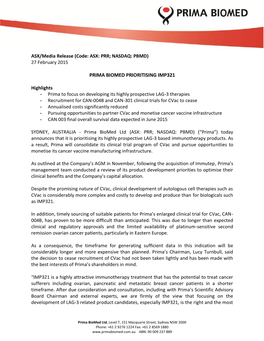 ASX/Media Release (Code: ASX: PRR; NASDAQ: PBMD) 27 February 2015