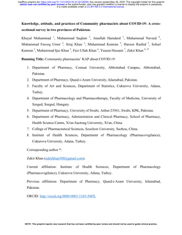 Knowledge, Attitude, and Practices of Community Pharmacists About COVID-19: a Cross-Sectional Survey in Two Provinces of Pakista