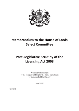 Post-Legislative Scrutiny of the Licensing Act 2003