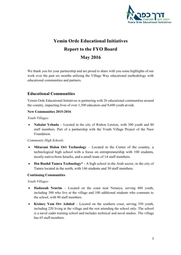 Yemin Orde Educational Initiatives Report to the FYO Board May 2016