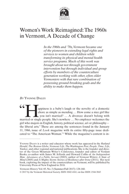 Women's Work Reimagined: the 1960S in Vermont, a Decade Of