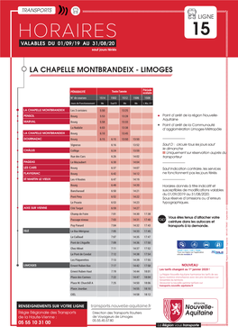 HORAIRES 15 VALABLES DU 01/09/19 AU 31/08/20 Sauf Jours Fériés