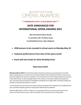 Date Announced for International Opera Awards 2021