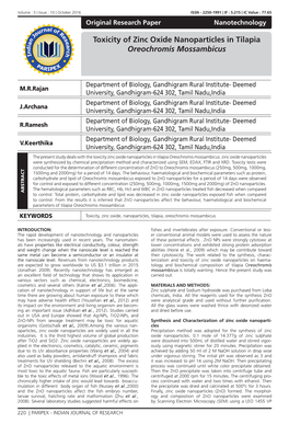 Toxicity of Zinc Oxide Nanoparticles in Tilapia Oreochromis Mossambicus