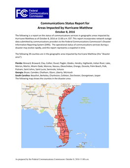 Communications Status Report for Areas Impacted by Hurricane Matthew