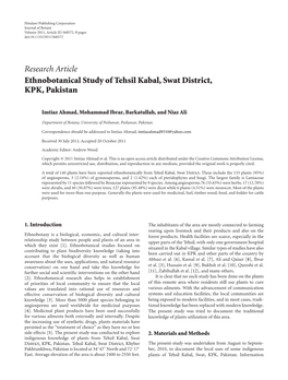 Ethnobotanical Study of Tehsil Kabal, Swat District, KPK, Pakistan