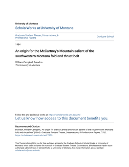 An Origin for the Mccartney's Mountain Salient of the Southwestern Montana Fold and Thrust Belt