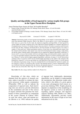 Quality and Digestibility of Food Ingested by Various Trophic Fish Groups in the Upper Paraná River Floodplain