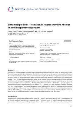 Dirhamnolipid Ester – Formation of Reverse Wormlike Micelles in a Binary (Primerless) System