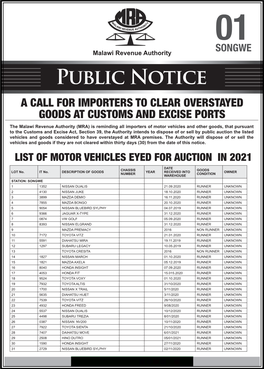 Songwe- List of Goods & Vehicles to Be Auctioned 2021