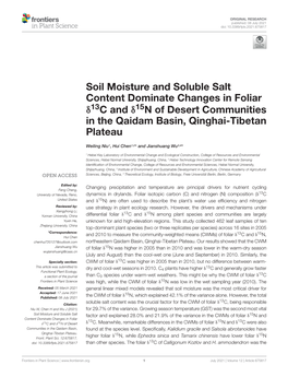 Soil Moisture and Soluble Salt Content Dominate Changes in Foliar Δ13c and Δ15n of Desert Communities in the Qaidam Basin, Qinghai-Tibetan Plateau