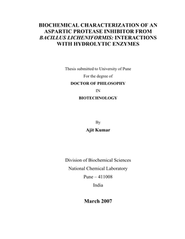 Biochemical Characterization of an Aspartic Protease Inhibitor from Bacillus Licheniformis: Interactions with Hydrolytic Enzymes