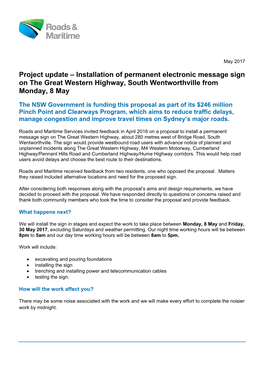 Project Update – Installation of Permanent Electronic Message Sign on the Great Western Highway, South Wentworthville from Monday, 8 May