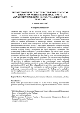 The Development of Integrated Environmental Education Activities for Solid Waste Management in Libong Island, Trang Province, Thailand