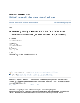 Gold Bearing Veining Linked to Transcrustal Fault Zones in the Transantarctic Mountains (Northern Victoria Land, Antarctica)