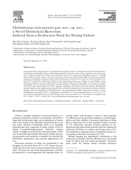 Chitinimonas Taiwanensis Gen. Nov., Sp. Nov., a Novel Chitinolytic Bacterium Isolated from a Freshwater Pond for Shrimp Culture