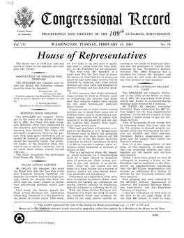 Congressional Record United States Th of America PROCEEDINGS and DEBATES of the 109 CONGRESS, FIRSTSESSION