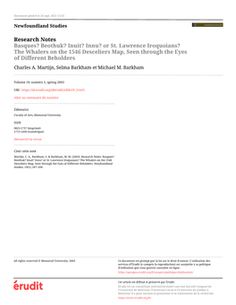 Research Notes: Basques? Beothuk? Inuit? Innu? Or St. Lawrence Iroquoians? the Whalers on the 1546 Desceliers Map, Seen Through the Eyes of Different Beholders