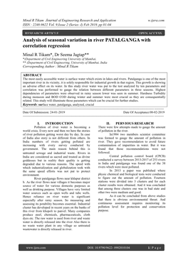 Analysis of Seasonal Variation in River PATALGANGA with Correlation Regression