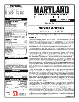 Maryland Vs. Virginia O19 at Wake Forest* (ESPN2 Or ESPNU)