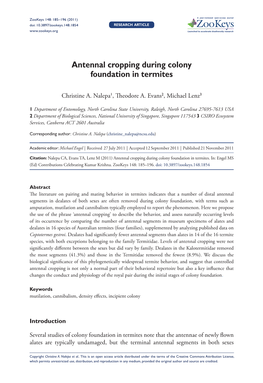 Antennal Cropping During Colony Foundation in Termites 185 Doi: 10.3897/Zookeys.148.1854 Research Article Launched to Accelerate Biodiversity Research