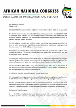 For Immediate Release 30 July 2019 STATEMENT of the ANC