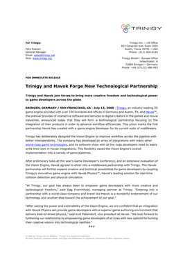 Trinigy and Havok Forge New Technological Partnership