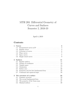 MTH 203: Differential Geometry of Curves and Surfaces Semester 2