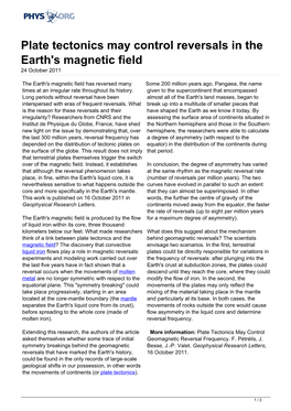 Plate Tectonics May Control Reversals in the Earth's Magnetic Field 24 October 2011