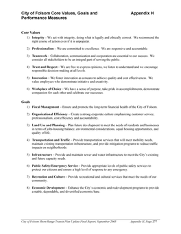 City of Folsom Core Values, Goals and Appendix H Performance Measures