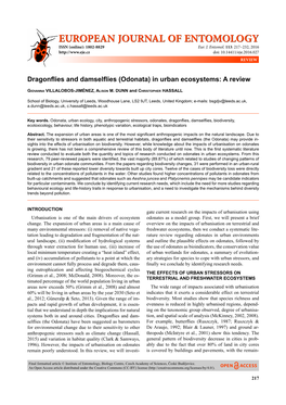 Dragonflies and Damselflies (Odonata) in Urban Ecosystems