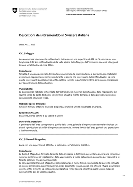 Descrizioni Dei Siti Smeraldo in Svizzera Italiana