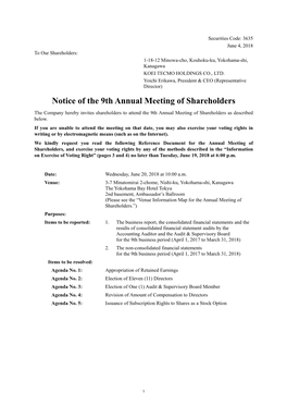 Notice of the 9Th Annual Meeting of Shareholders the Company Hereby Invites Shareholders to Attend the 9Th Annual Meeting of Shareholders As Described Below