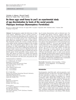 An Experimental Study of Egg Discrimination by Hosts of the Social Parasite Polyergus Breviceps (Hymenoptera: Formicidae)