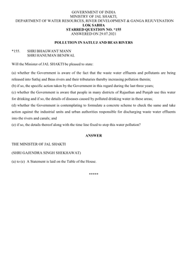 Government of India Ministry of Jal Shakti, Department of Water Resources, River Development & Ganga Rejuvenation Lok Sabha Starred Question No