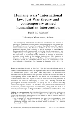 International Law, Just War Theory and Contemporary Armed Humanitarian Intervention David M