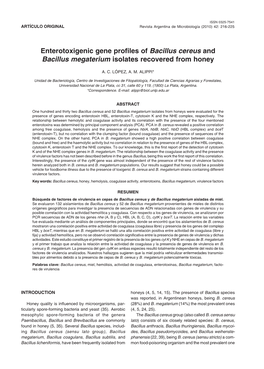 Enterotoxigenic Gene Profiles of Bacillus Cereus and Bacillus Megaterium Isolates Recovered from Honey