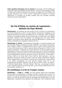 Du Val D'orbey Au Canton De Lapoutroie : Histoire Du Pays Welche