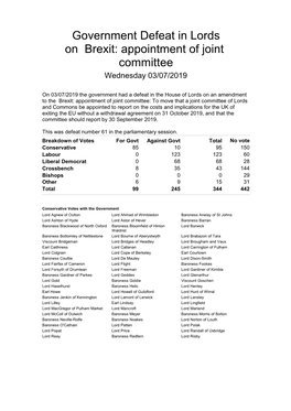 Government Defeat in Lords on Brexit: Appointment of Joint Committee Wednesday 03/07/2019