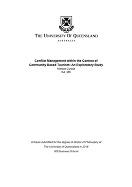 Conflict Management Within the Context of Community Based Tourism: an Exploratory Study Marcus Curcija BA, MB