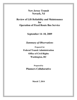 New Jersey Transit Review of Lift Reliability and Maintenance for Operation of Fixed Route Bus Service September 2009