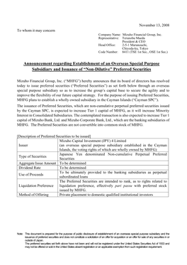 Announcement Regarding Establishment of an Overseas Special Purpose Subsidiary and Issuance of “Non-Dilutive” Preferred Securities